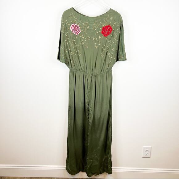 Anthropologie Seen Worn & Kept Floral Embroidered Satin Jumpsuit S Green - Picture 2 of 10